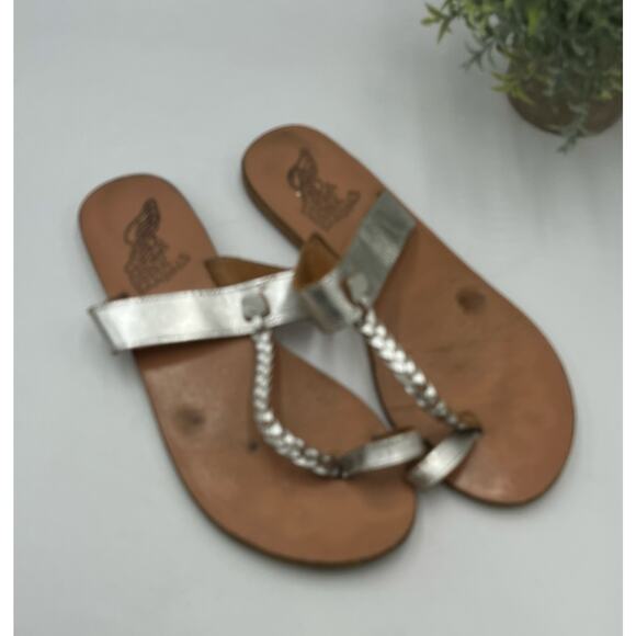 Ancient Greek Leather Melpomeni Platinum Silver Braided Thong Sandals Sz 40/9 - Picture 2 of 8
